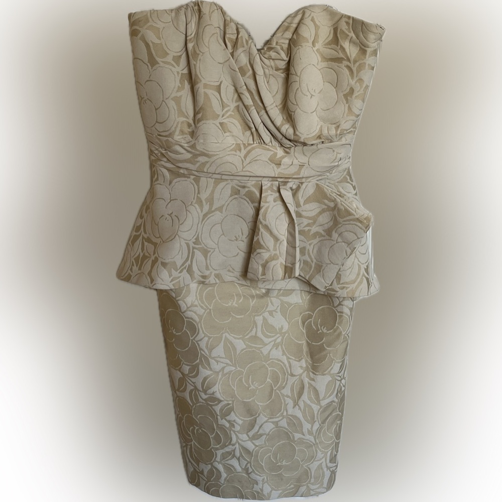 Badgley Mischka Floral Jacquard Peplum Sheath Dress Beige Gold Size 6